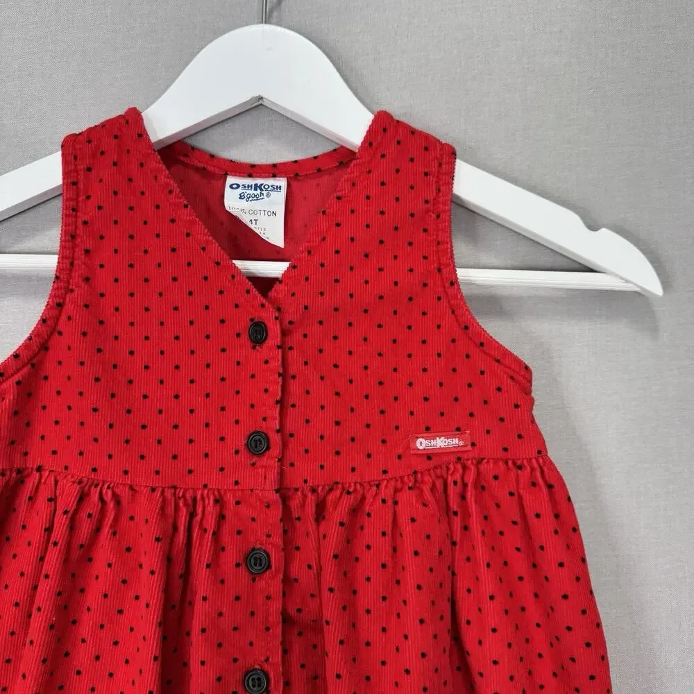 Vintage OshKosh B’gosh Dress Girl 4T Red Polka Dot Corduroy Button Cottage Retro